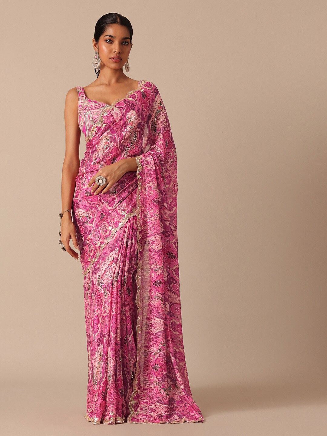 

KALKI Fashion Ethnic Motifs Printed Beads & Stones Satin Saree, Pink