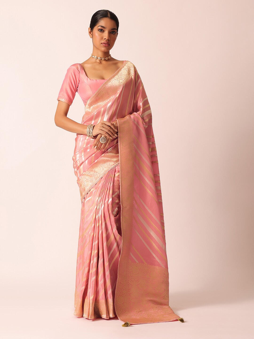 

KALKI Fashion Striped Tissue Silk Zari Saree, Pink