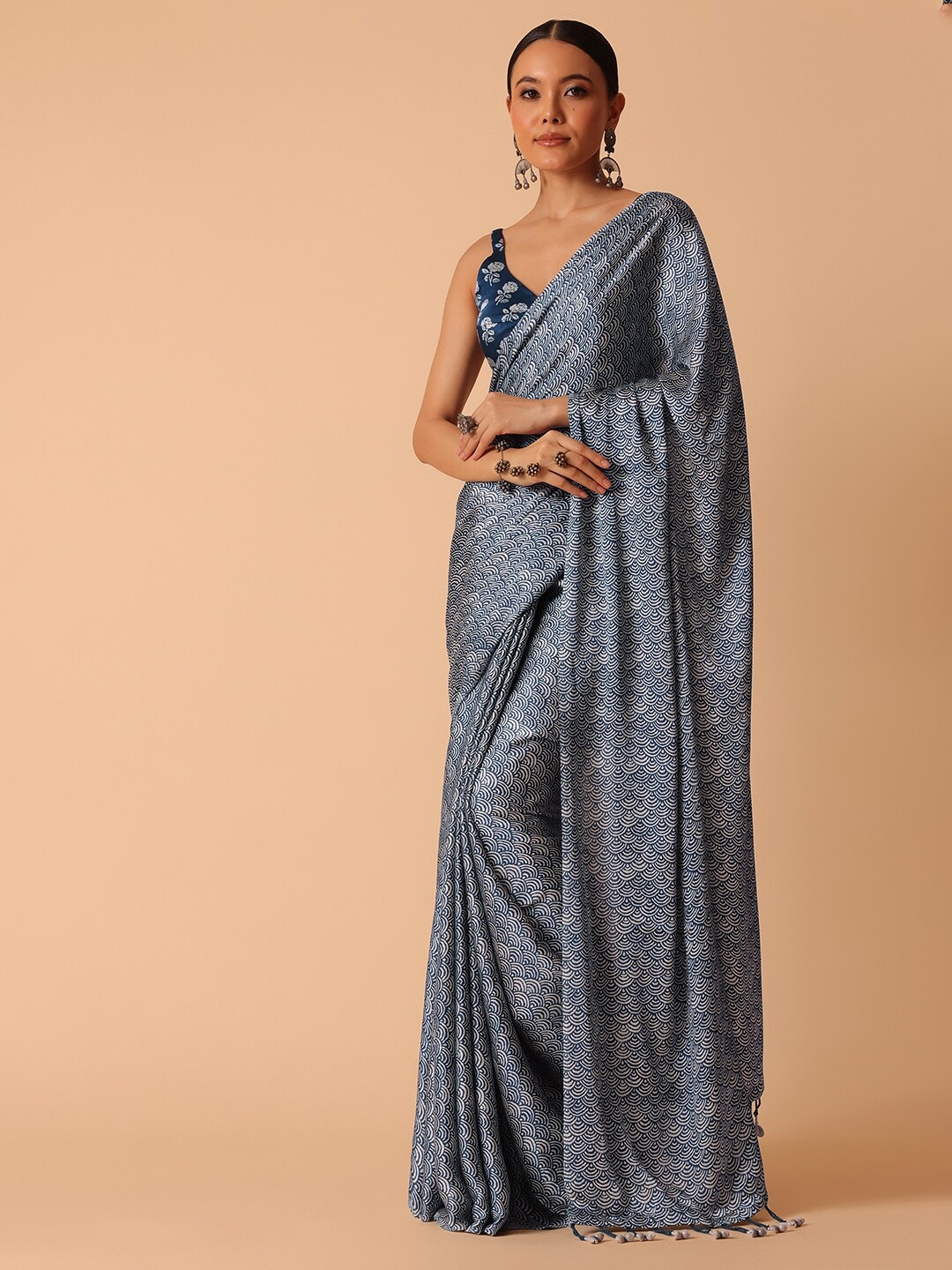 

KALKI Fashion Geometric Printed Satin Saree, Blue