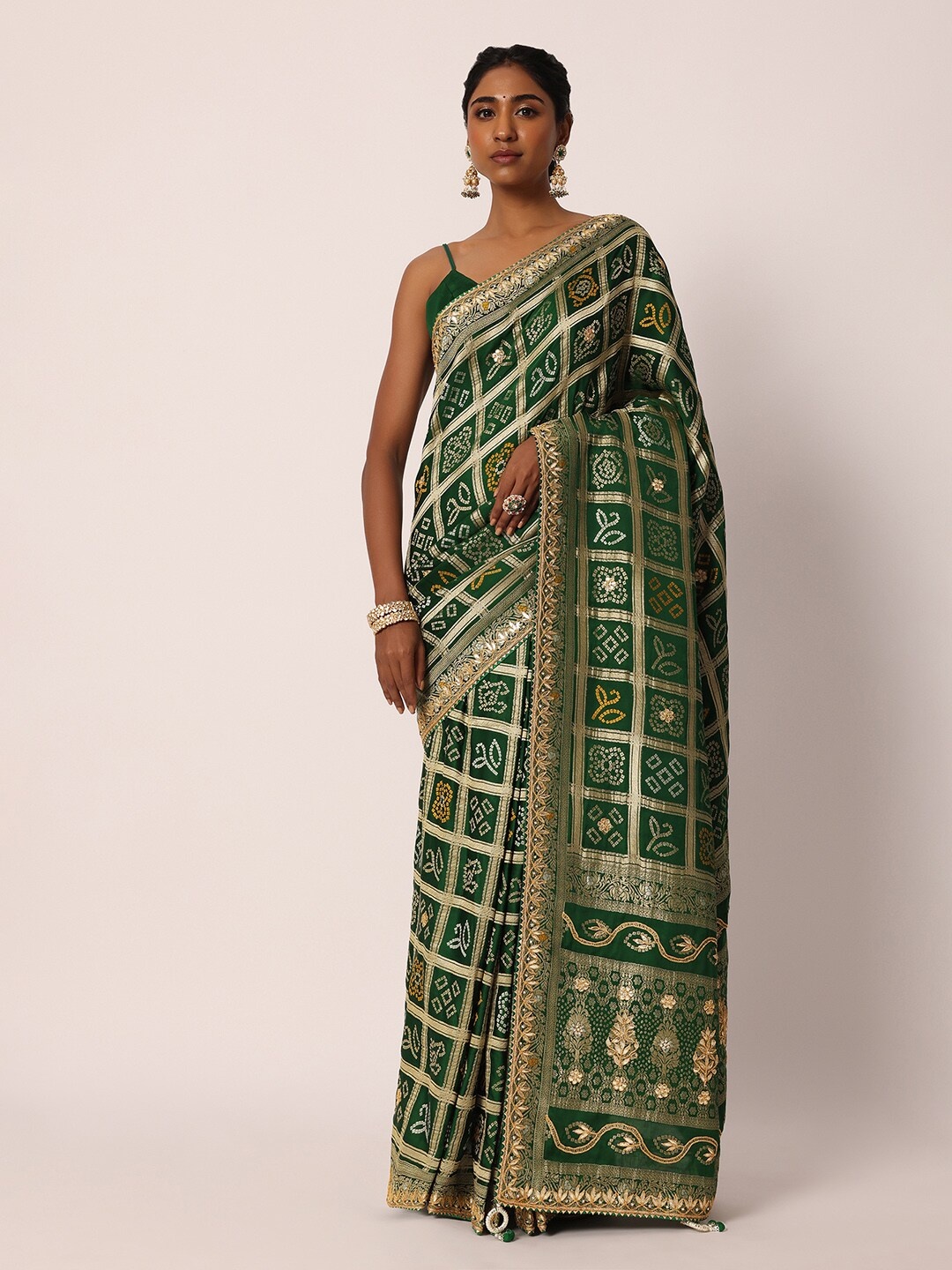 

KALKI Fashion Bandhani Printed Embroidered Detail Banarasi Saree, Green