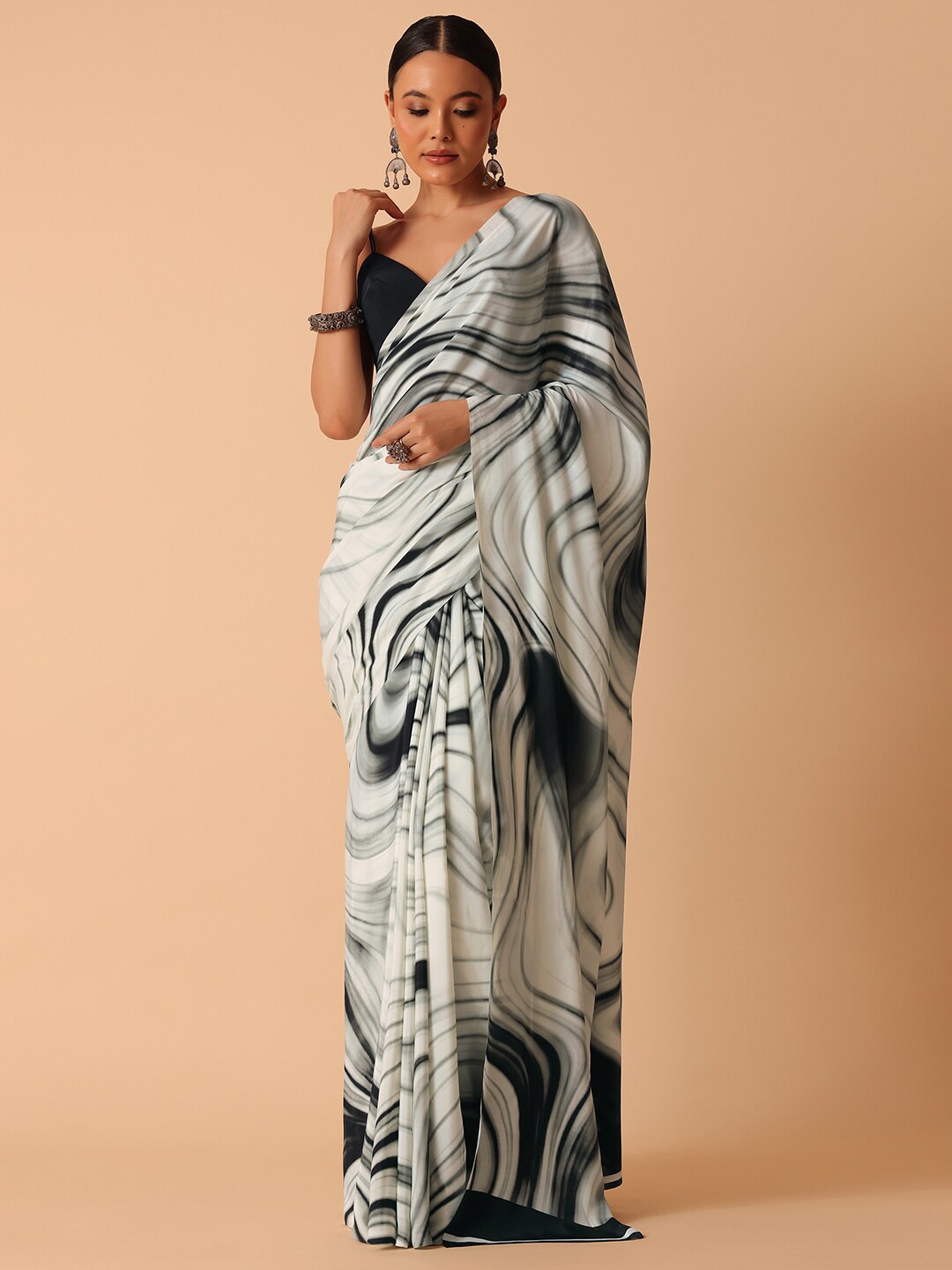 

KALKI Fashion Abstract Printed Satin Saree, White