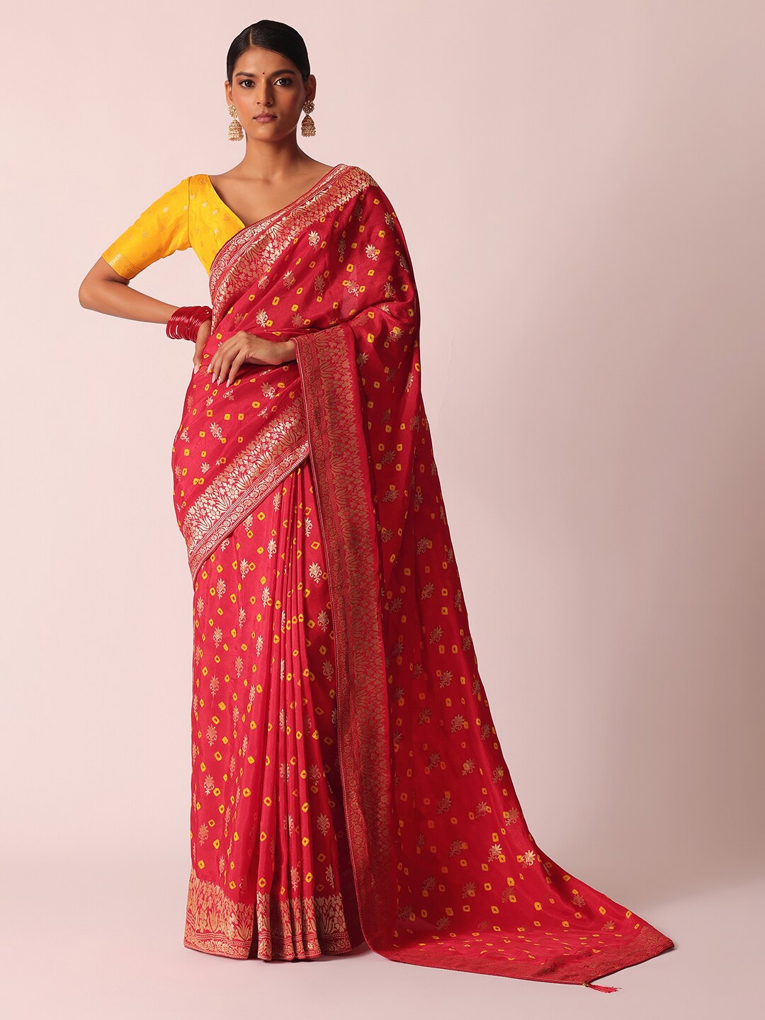 

KALKI Fashion Bandhani Printed Zari Saree, Red