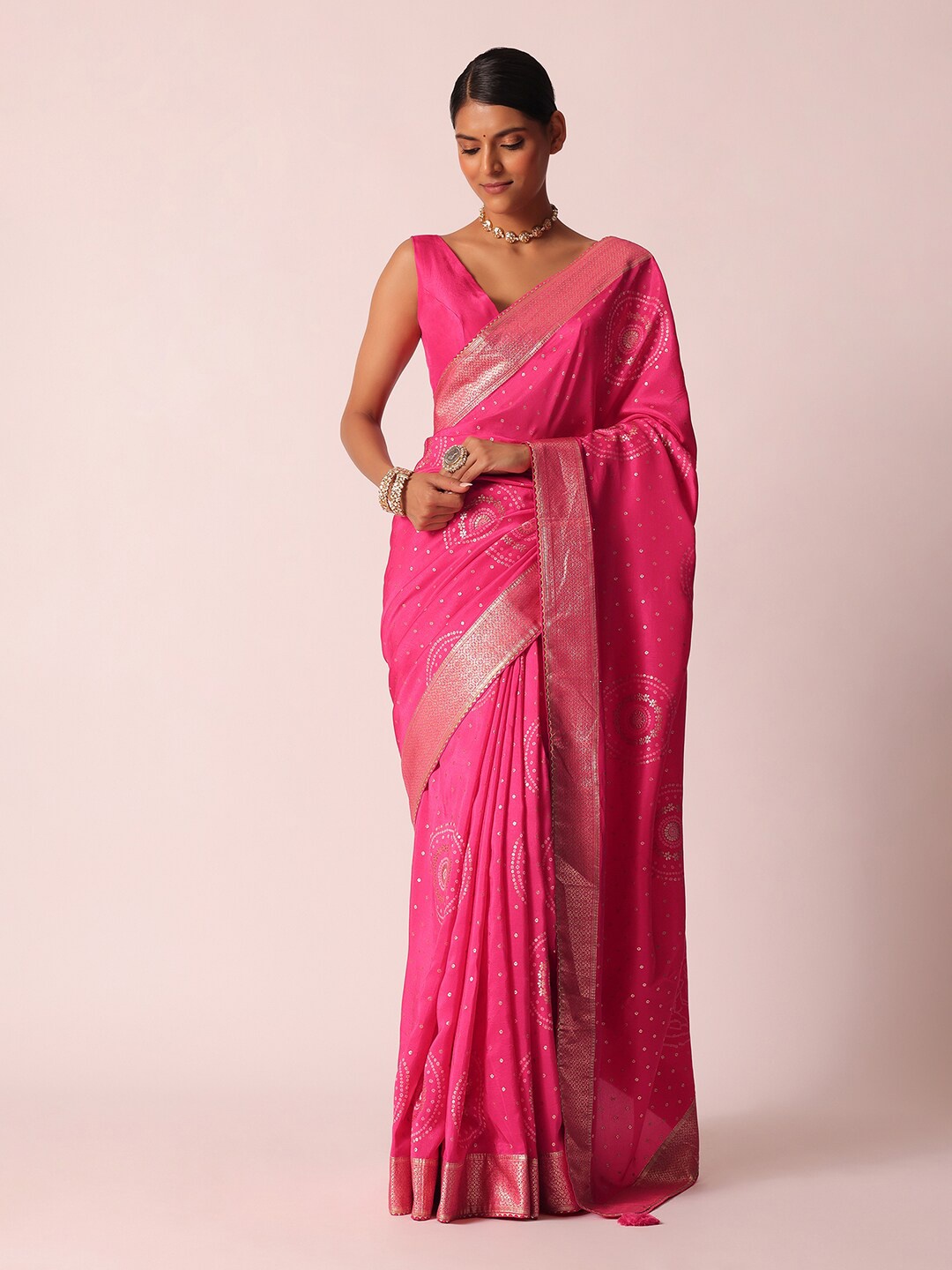 

KALKI Fashion Bandhani Printed Zari Saree, Pink