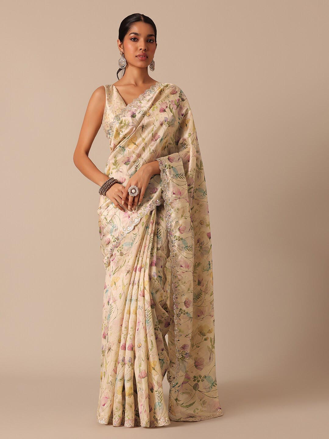 KALKI Fashion Floral Printed Mirror Work Saree, Off white