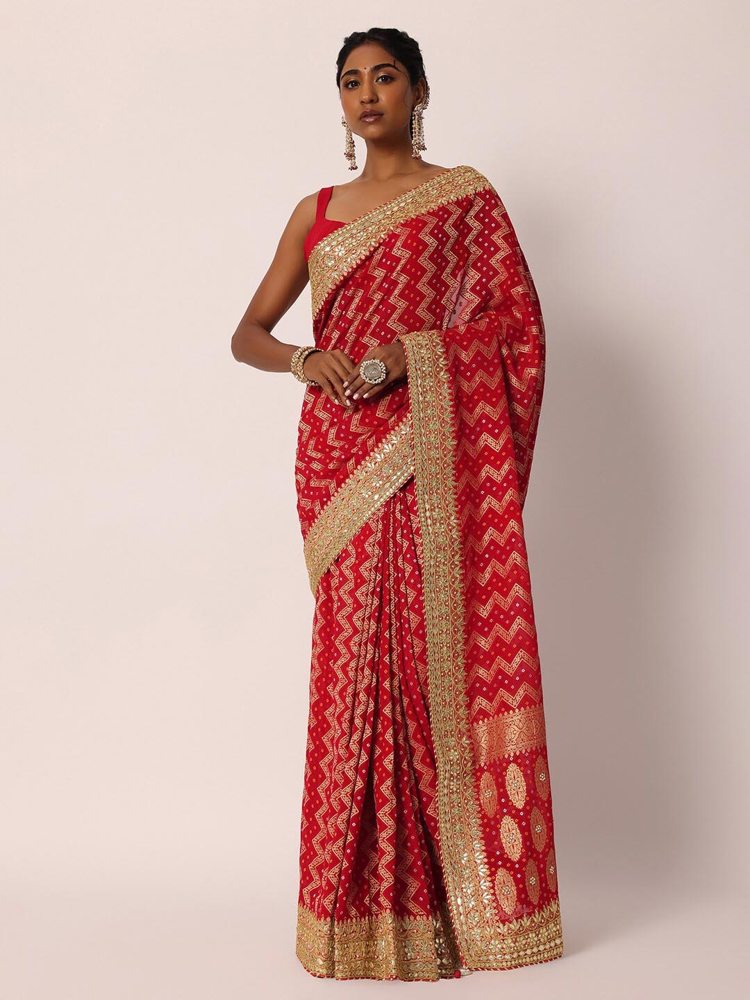 

KALKI Fashion Bandhani Printed Gotta Patti Border Pure Georgette Saree, Red