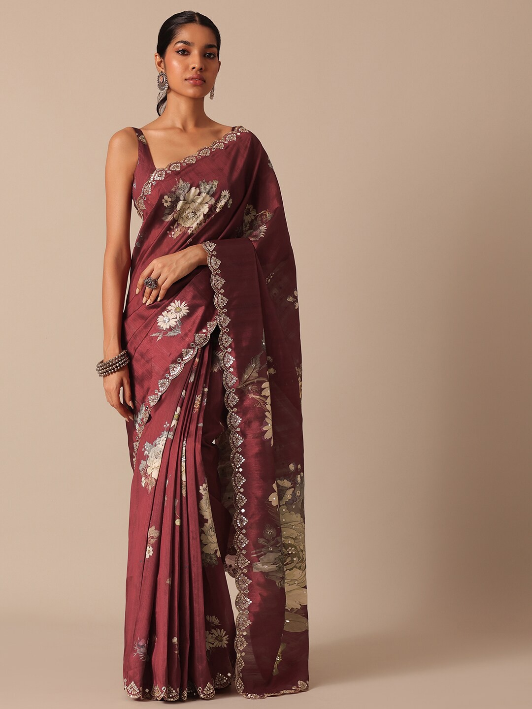 

KALKI Fashion Floral Printed Mirror Work Saree, Maroon