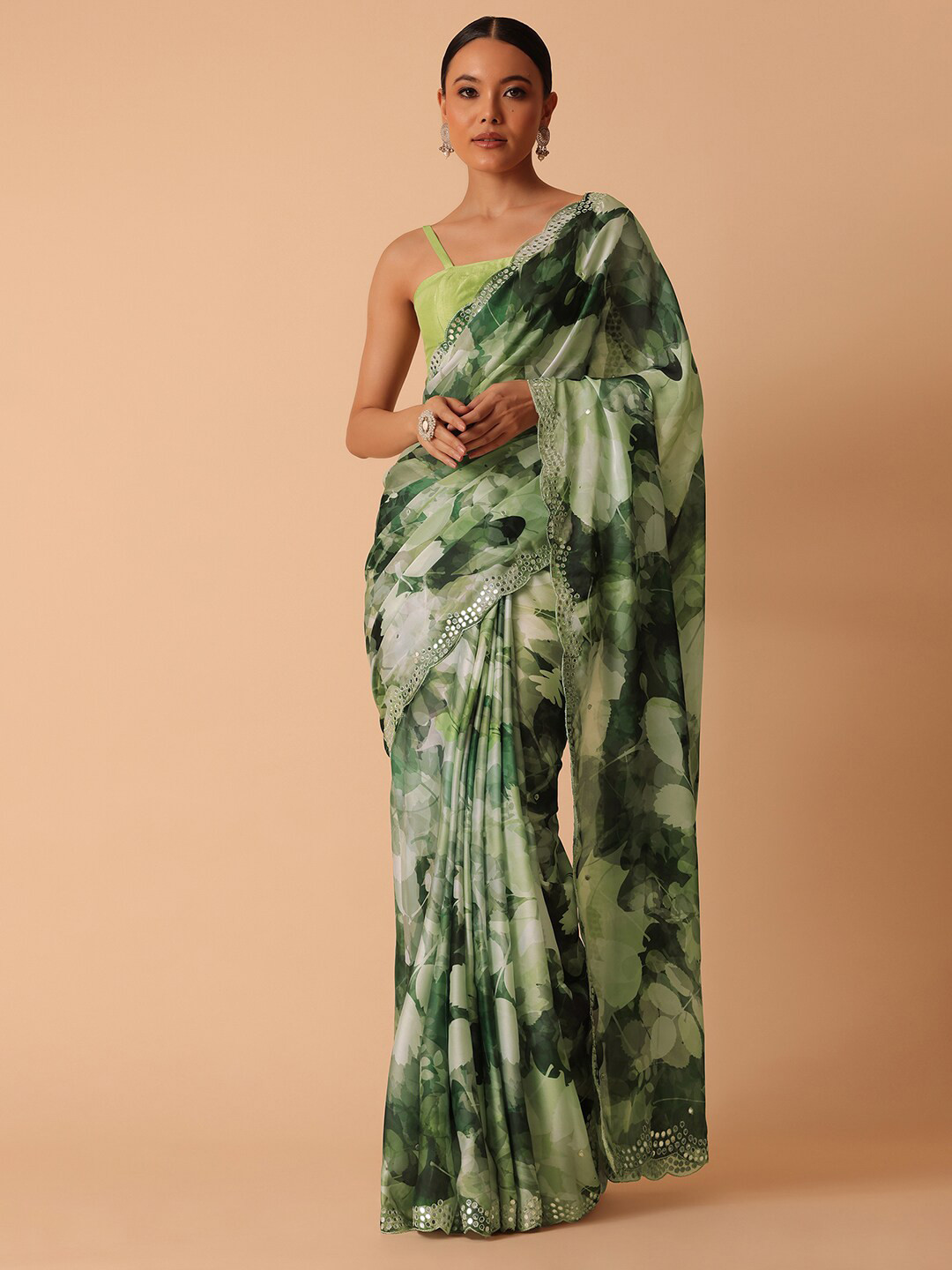

KALKI Fashion Floral Printed Satin Saree, Green