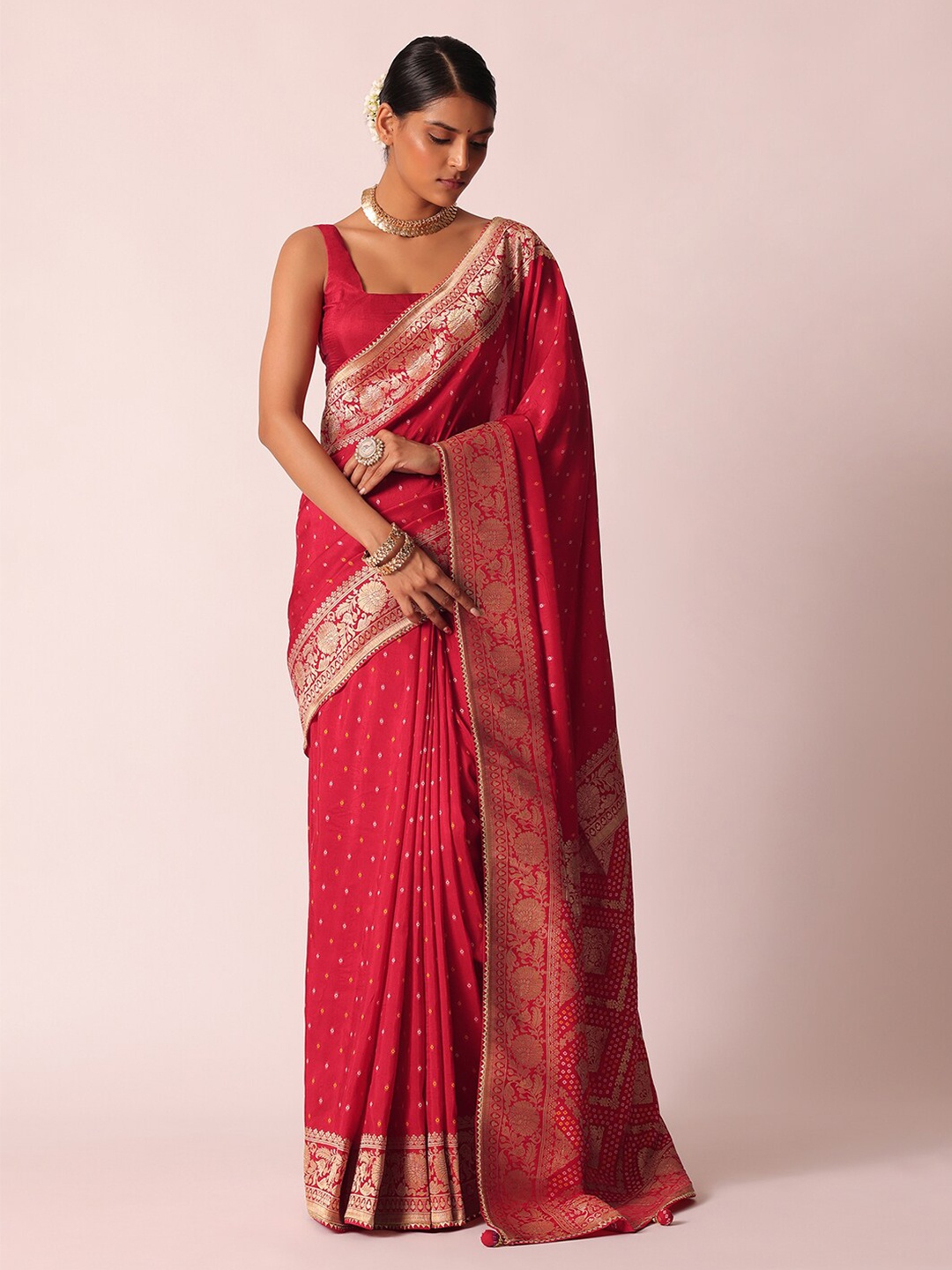 

KALKI Fashion Bandhani Woven Design Zari Saree, Red