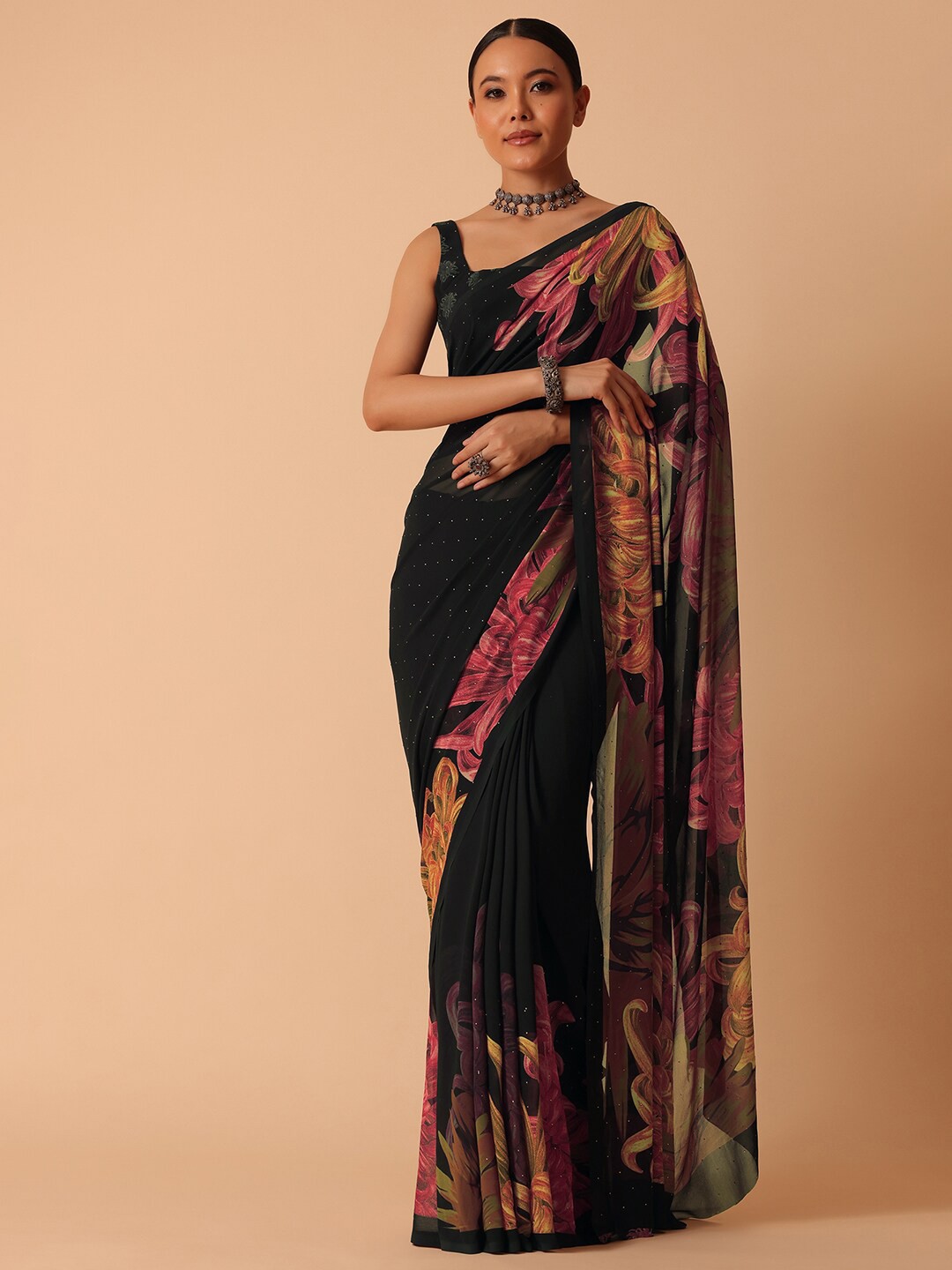 

KALKI Fashion Floral Printed Satin Saree, Black