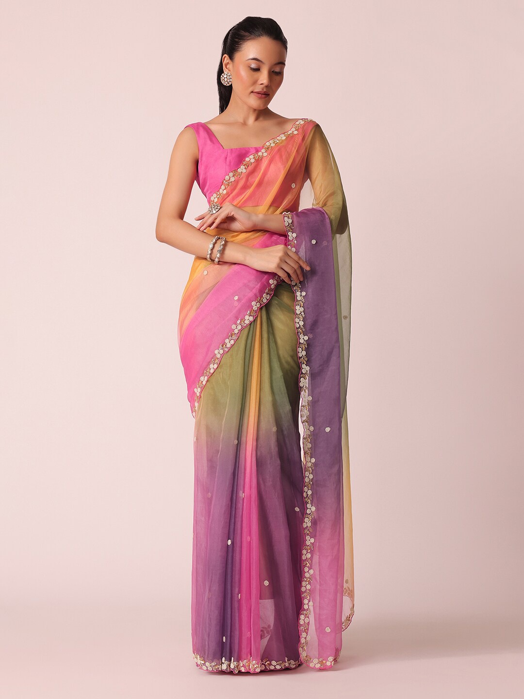 KALKI Fashion Floral Embroidered Organza Saree, Green