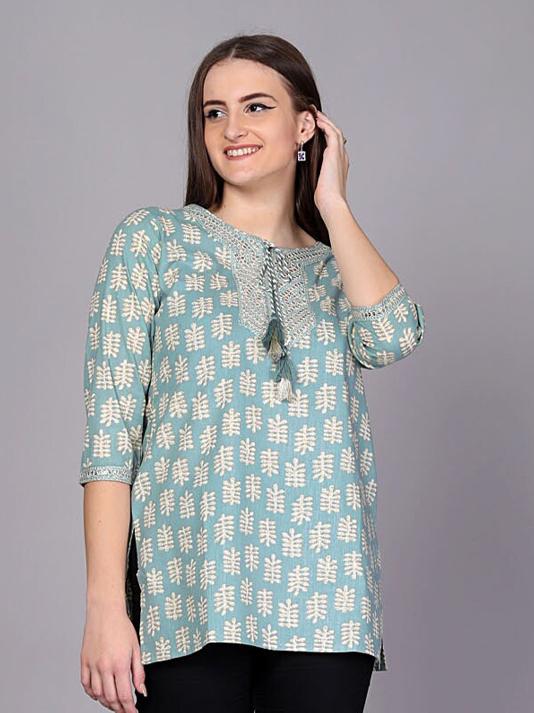 

HIGHLIGHT FASHION EXPORT Ethnic Motifs Printed Tie-Up Neck Sequinned Pure Cotton Kurti, Blue