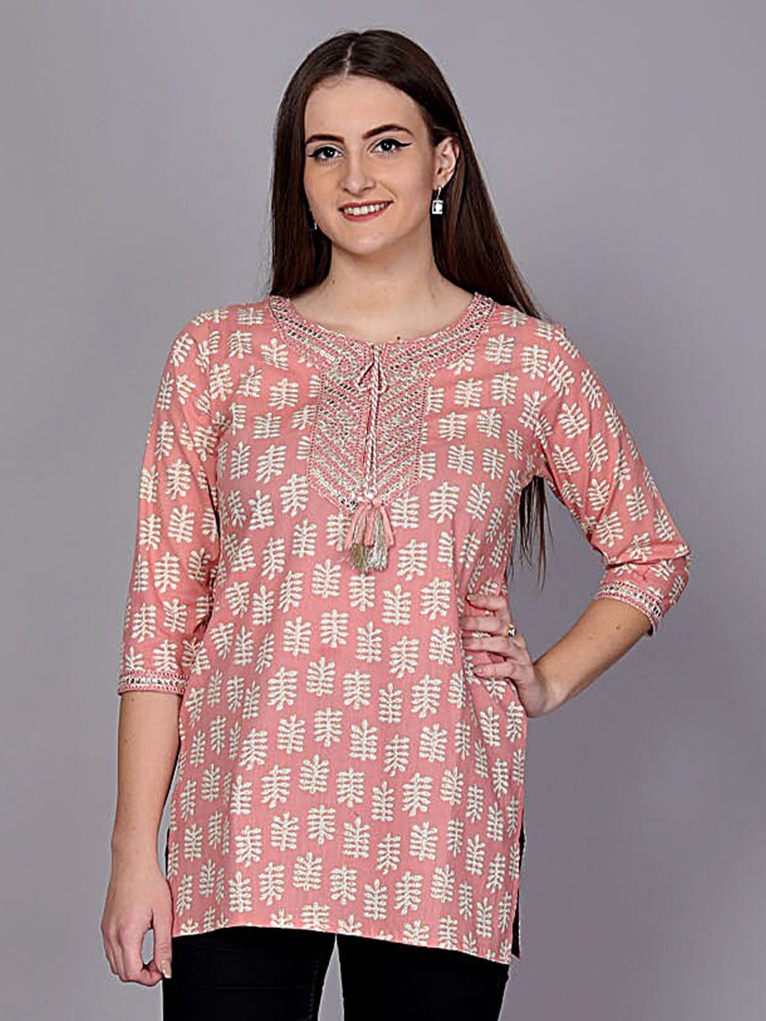 

HIGHLIGHT FASHION EXPORT Ethnic Motifs Printed Tie-Up Neck Sequinned Pure Cotton Kurti, Peach