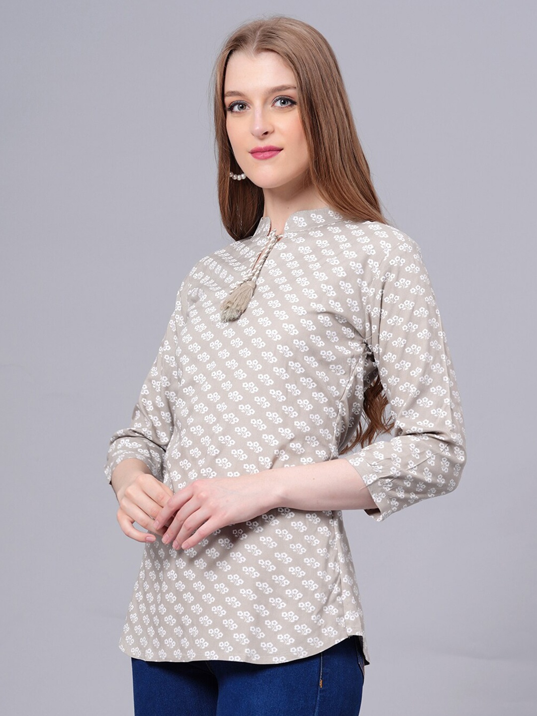 

HIGHLIGHT FASHION EXPORT Floral Printed Tie-Up Neck A-Line Top, Grey
