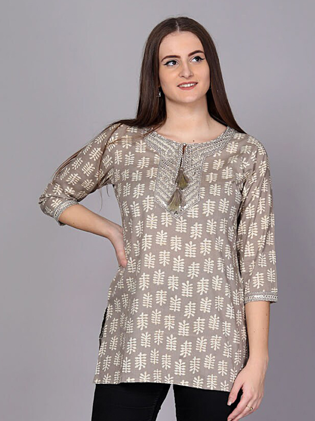 

HIGHLIGHT FASHION EXPORT Ethnic Motifs Printed Tie-Up Neck Sequinned Pure Cotton Kurti, Grey