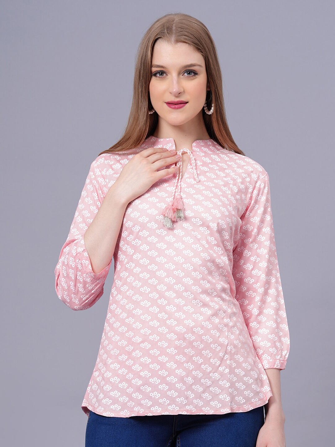 

HIGHLIGHT FASHION EXPORT Floral Printed Tie-Up Neck Cuffed Sleeves A-Line Top, Pink