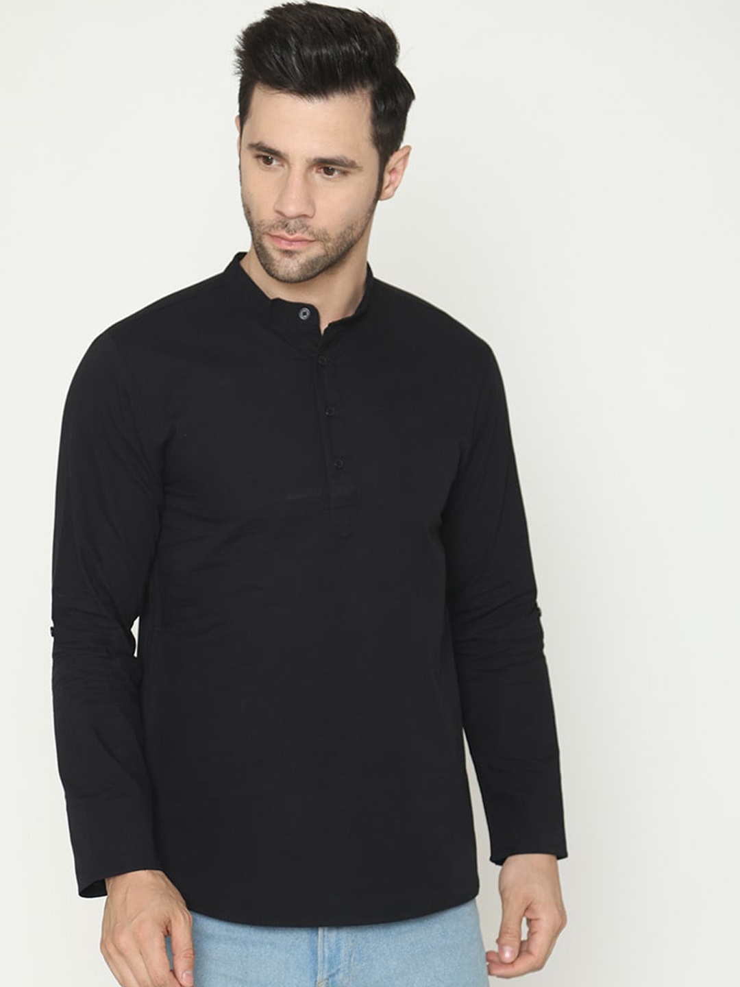 

Bonjour Band Collar Cotton Short Kurta, Black