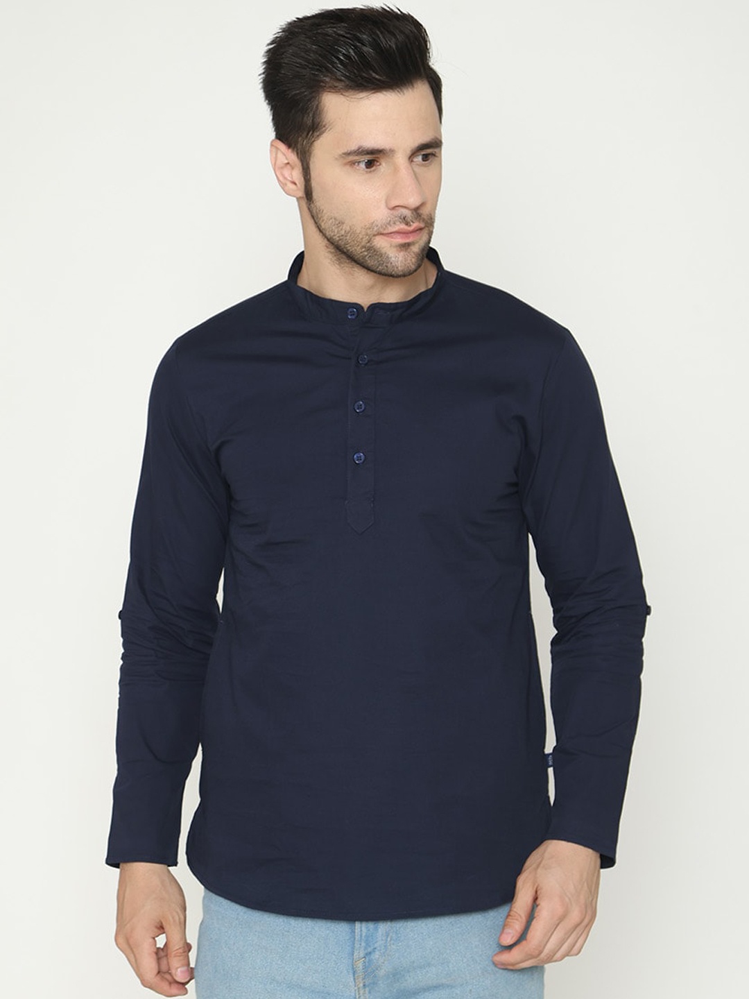 

Bonjour Band Collar Short Kurta, Navy blue