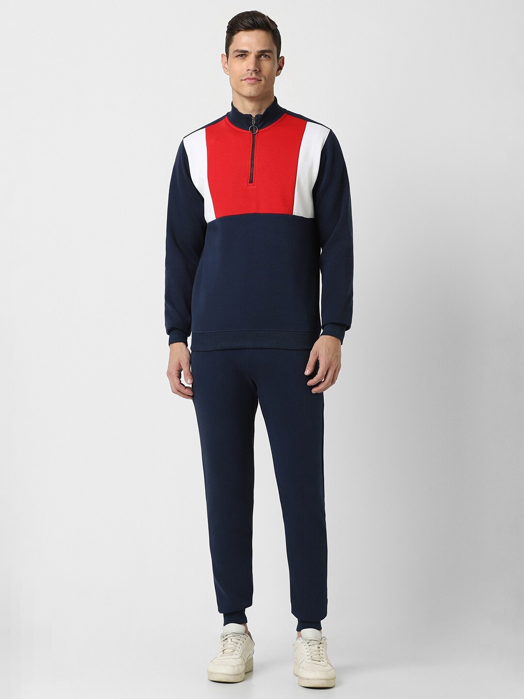 

Peter England Colourblocked Mock Collar Mid-Rise Tracksuit, Navy blue