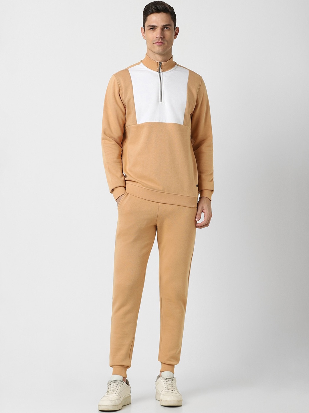 

Peter England Colourblocked Mock Collar Mid-Rise Tracksuit, Beige