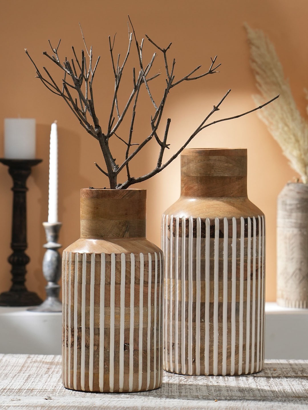 

Designer Library Camel Brown & White Textured Wooden Flower Vase