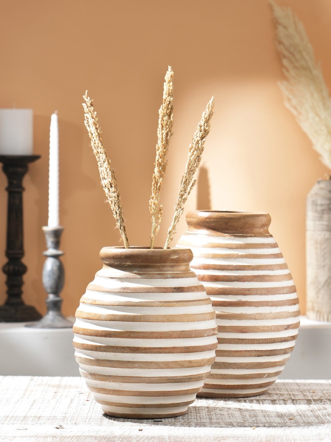 

Designer Library Camel Brown & White Textured Wooden Flower Vase
