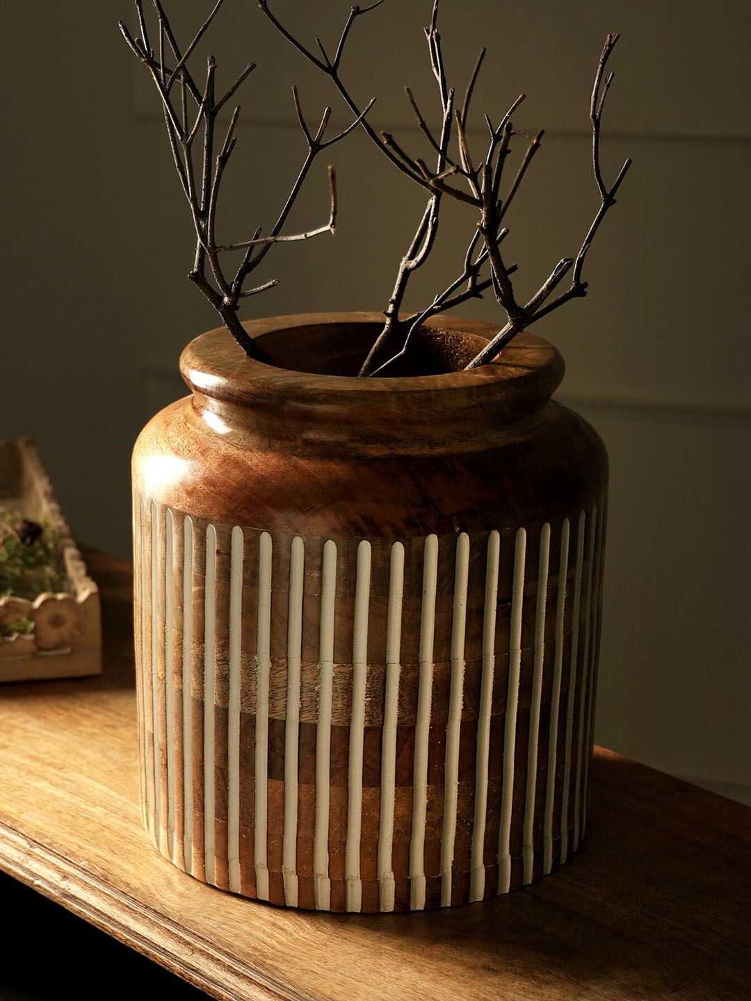 

Designer Library Camel Brown & White Textured Wooden Flower Vase