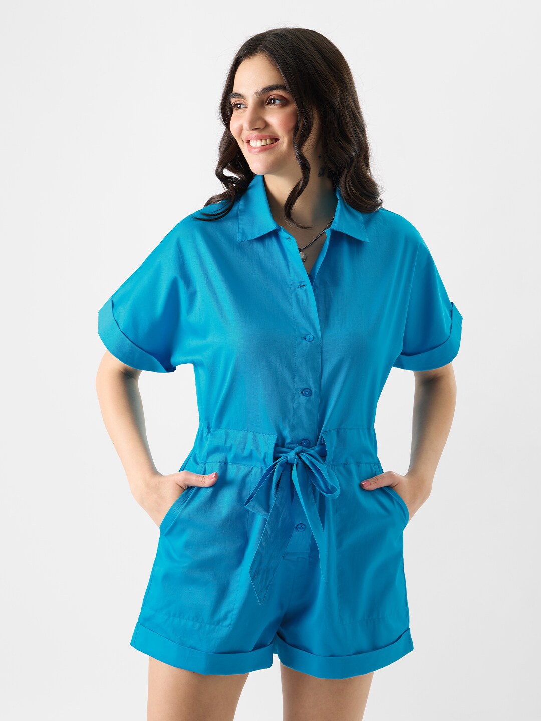 

The Souled Store Shirt Collar Pure Cotton Play Suit, Blue