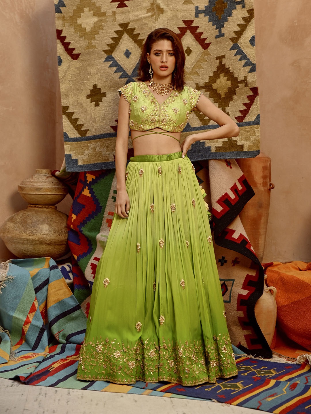 

Pallavi Jaipur Embroidered Thread Work Ready To Wear Lehenga & Blouse, Lime green