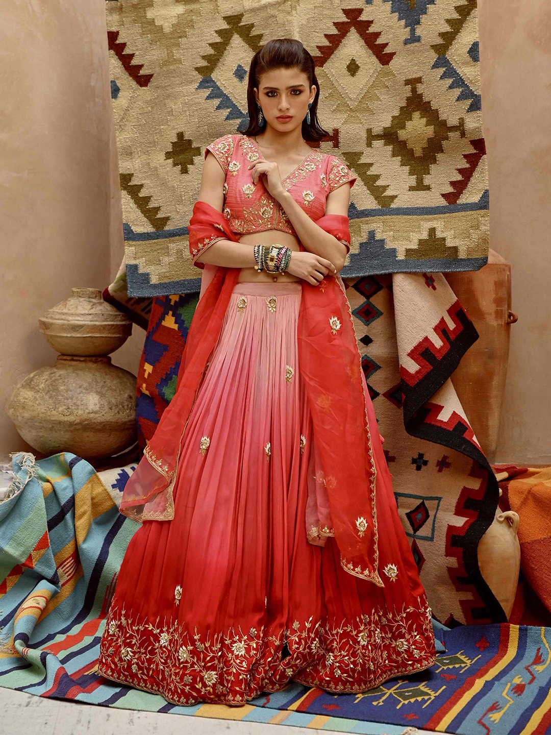 

Pallavi Jaipur Embroidered Sequinned Ready To Wear Lehenga & Blouse, Red