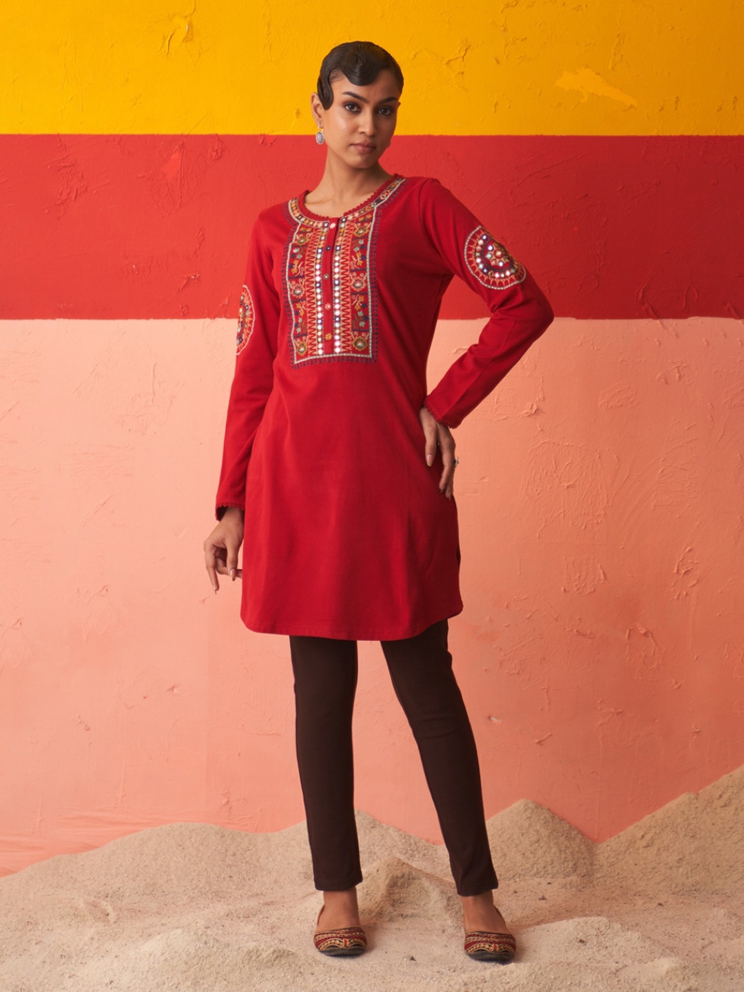 Lakshita Ethnic Motifs Yoke Design Mirror Work Wool Straight Kurta, Red