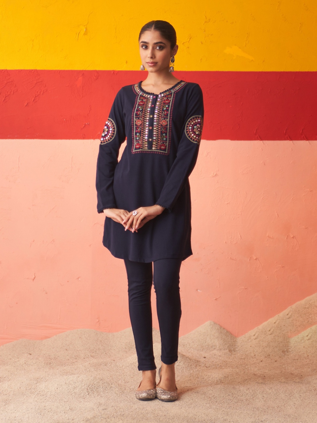 Lakshita Floral Embroidered Mirror Work Wool Kurta, Navy blue