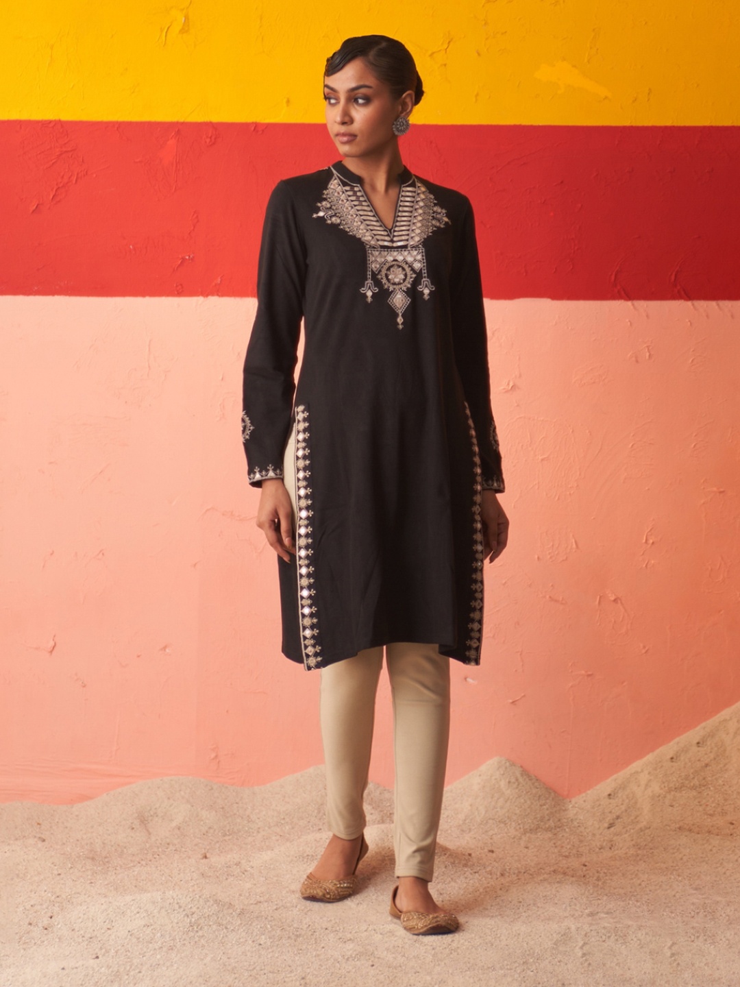 Lakshita Ethnic Motifs Embroidered Mirror Work Wool Straight Kurta, Black
