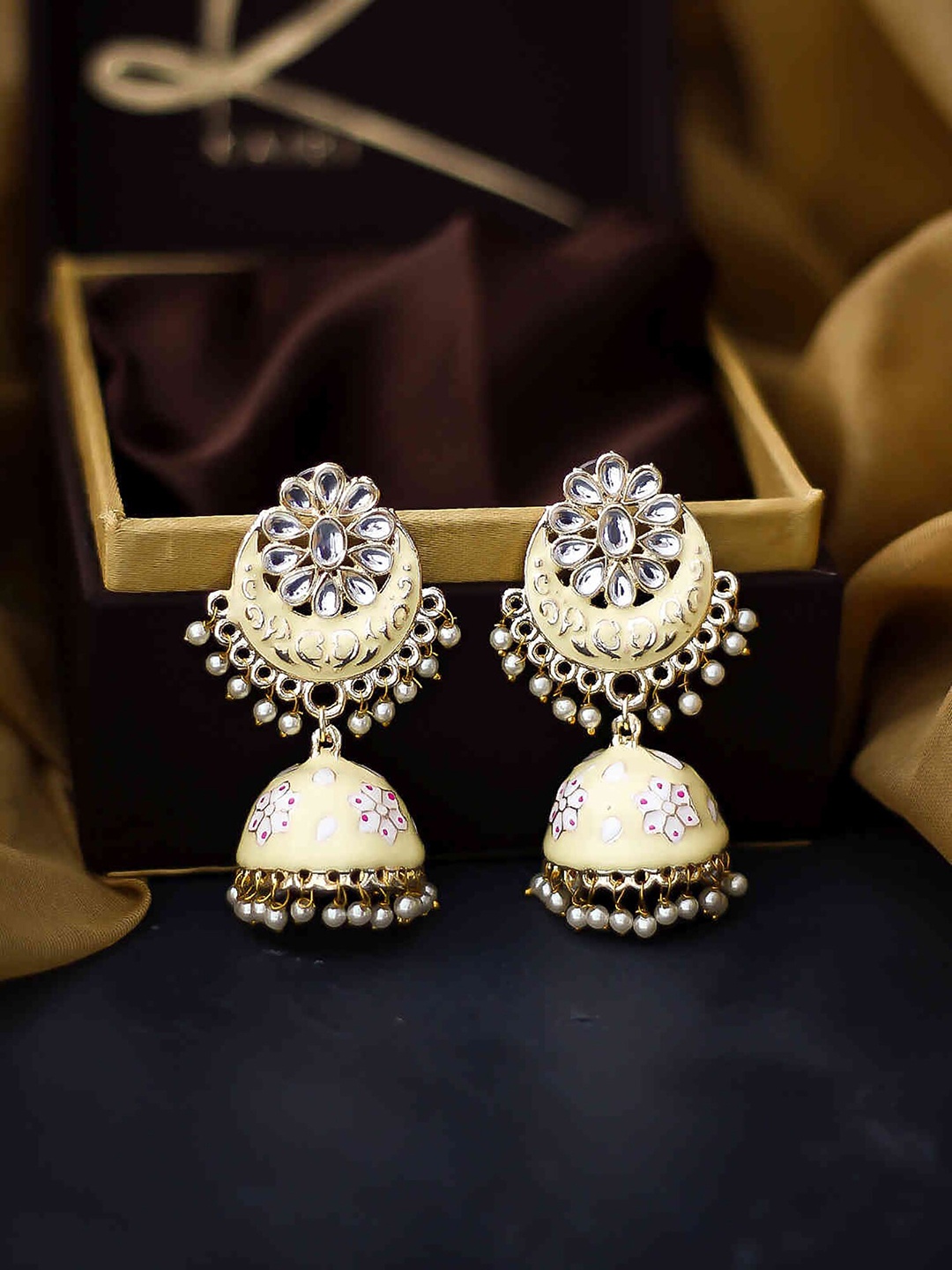 

Bellofox Gold Toned & Beige Artificial Beads Jhumkas