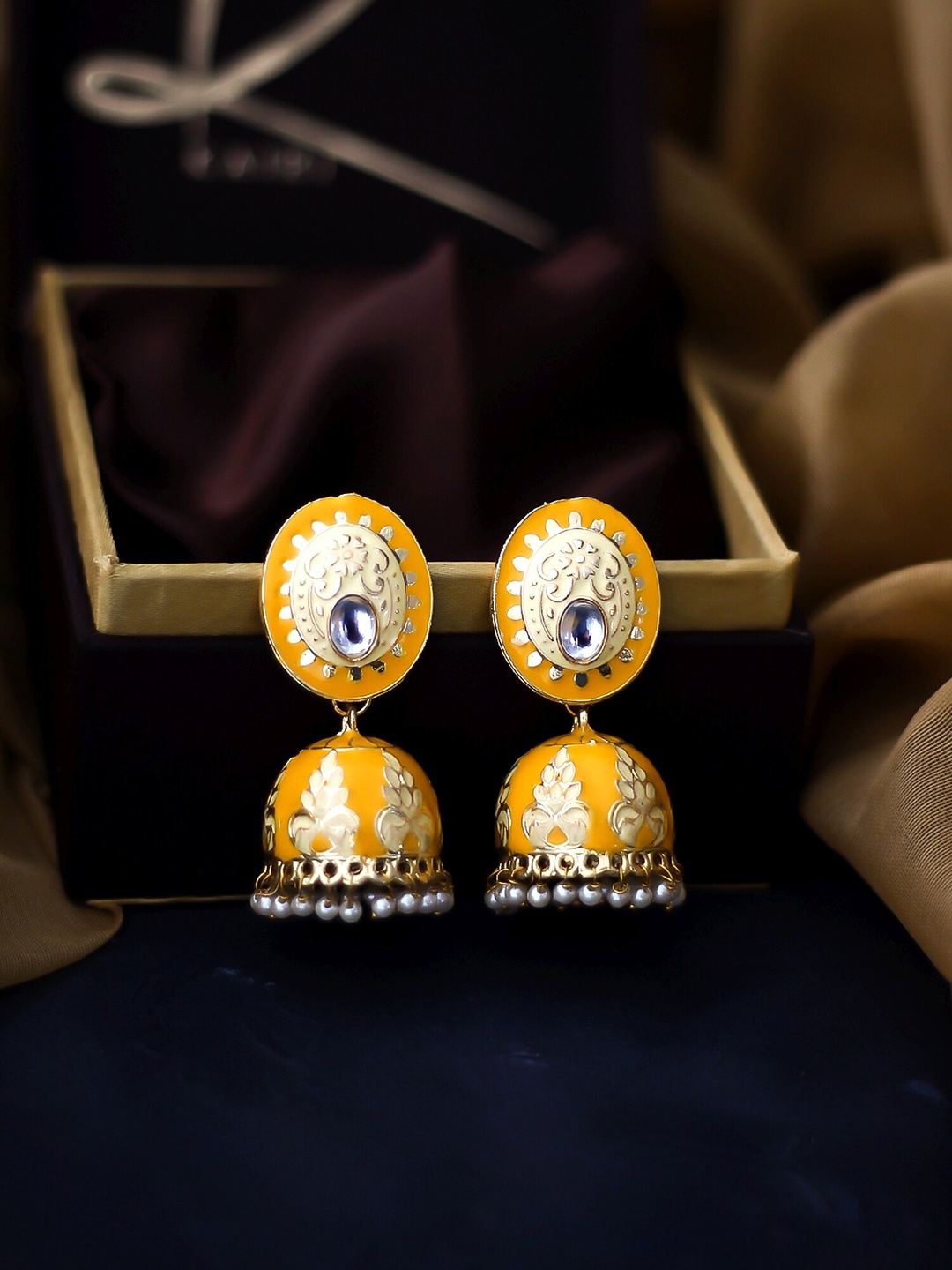 

Bellofox Yellow Contemporary Meenakari Jhumkas