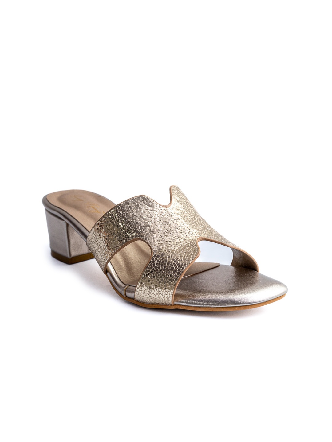 

Dapper Feet-Fancy Nancy Textured H Strap Block Heels, Gold
