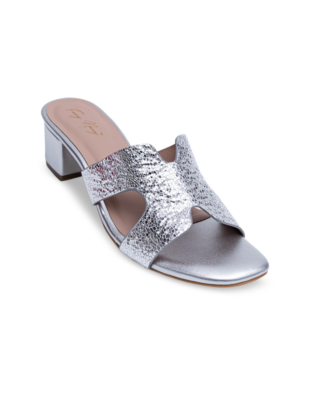 

Dapper Feet-Fancy Nancy Textured H Strap Block Heels, Silver