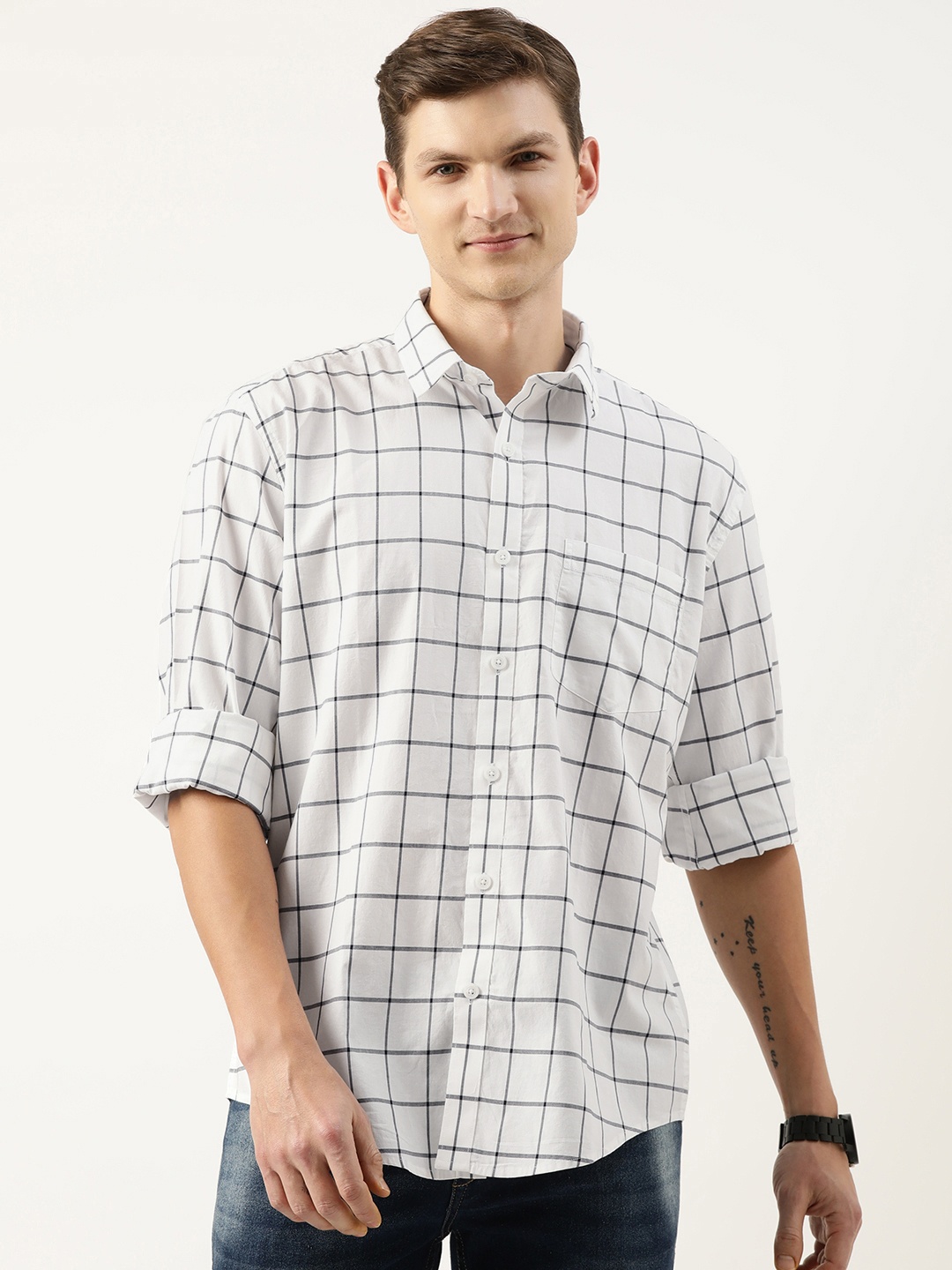 

Burnt Umber Men Windowpane Checked Casual Shirt, White