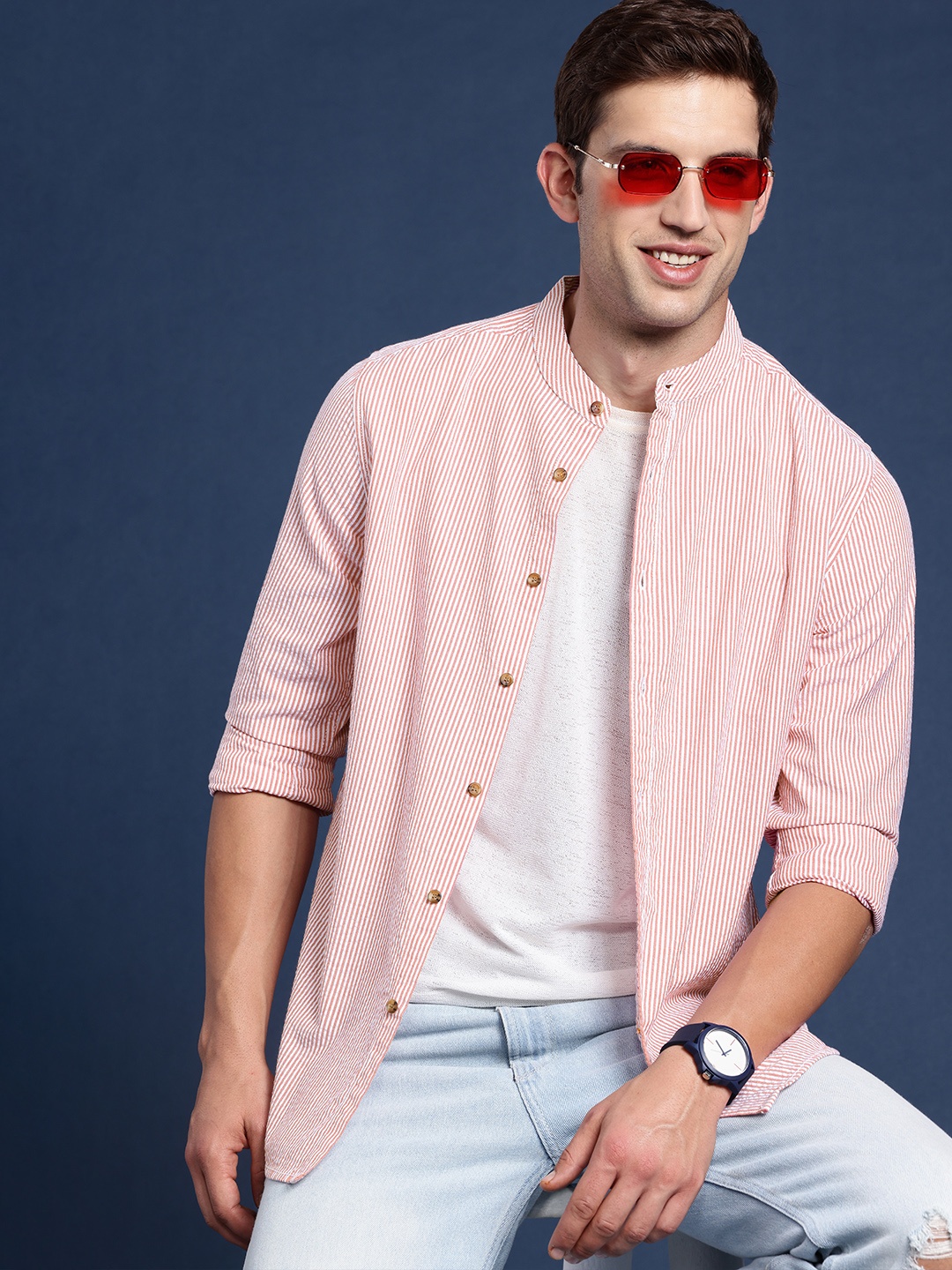 

Mast & Harbour Men Striped Casual Shirt, Red