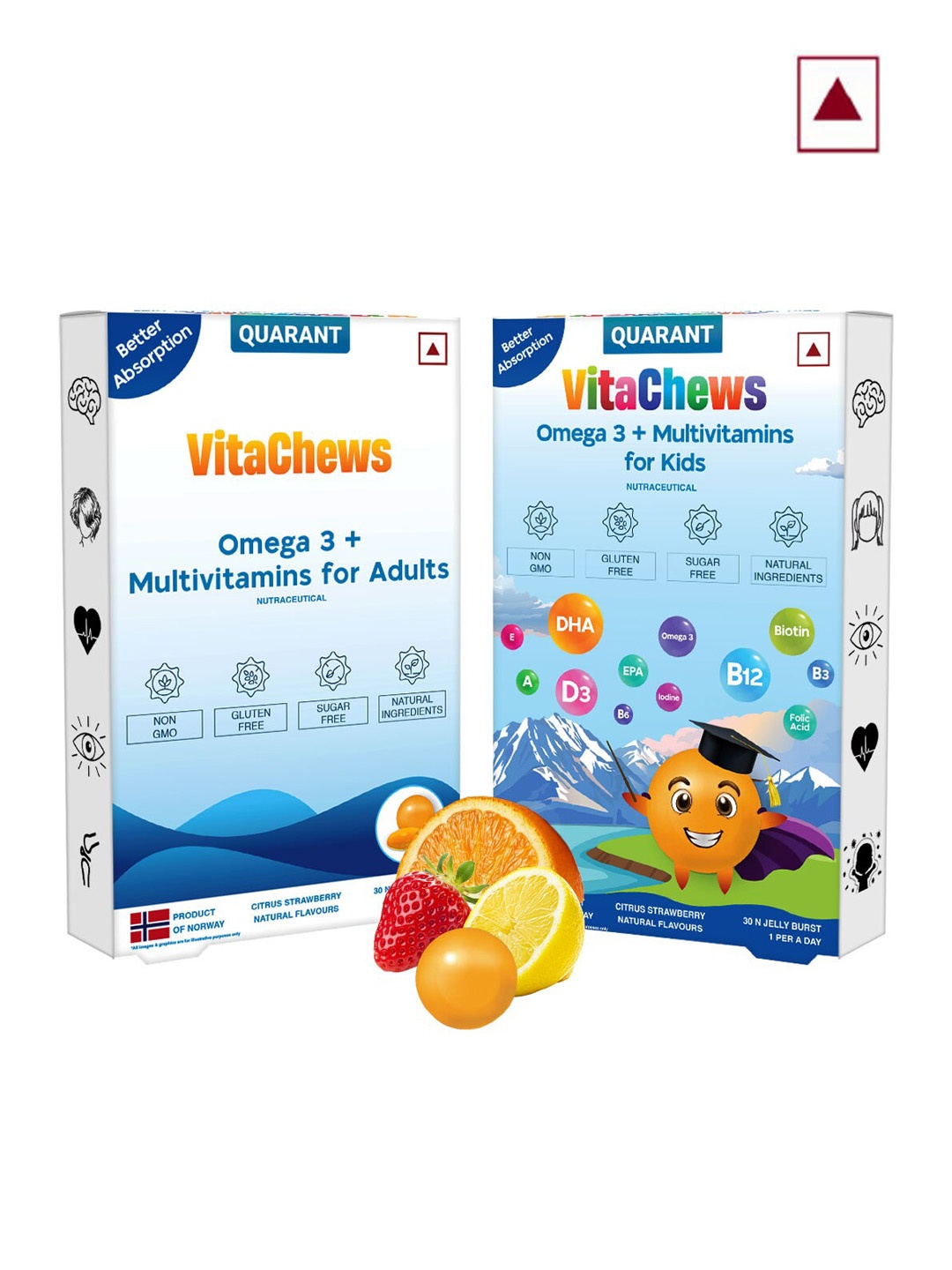

QUARANT Combo Set of VitaChews Omega 3 + Multivitamins for Adults & Kids, Multi