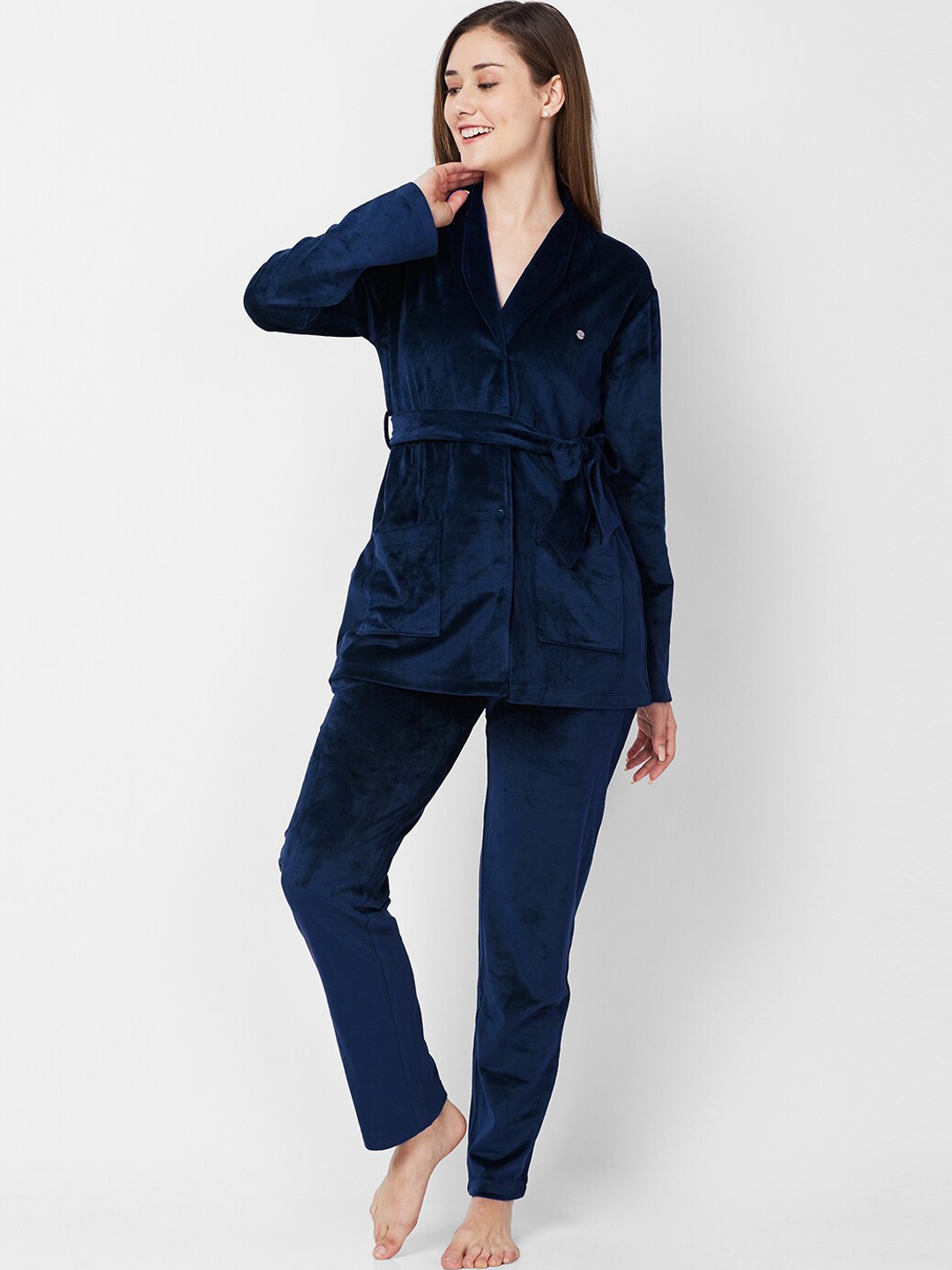 

XIN Navy Blue V-Neck Long Sleeves Longline Night Suit