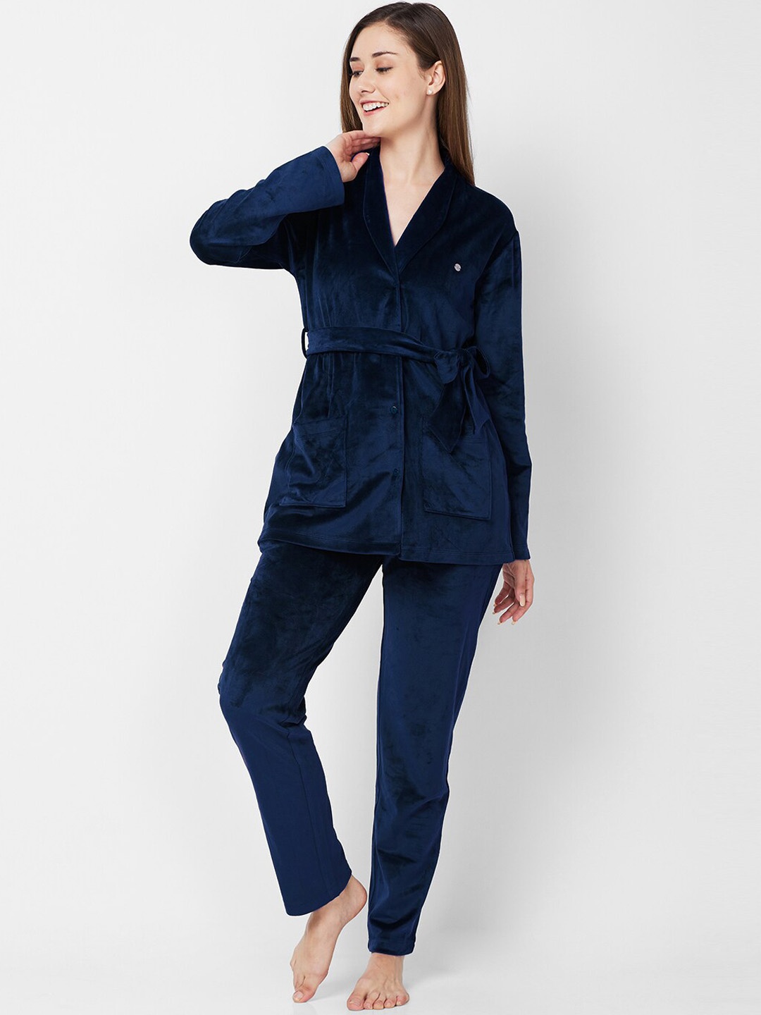 

XIN Navy Blue V-Neck Long Sleeves Longline Night Suit
