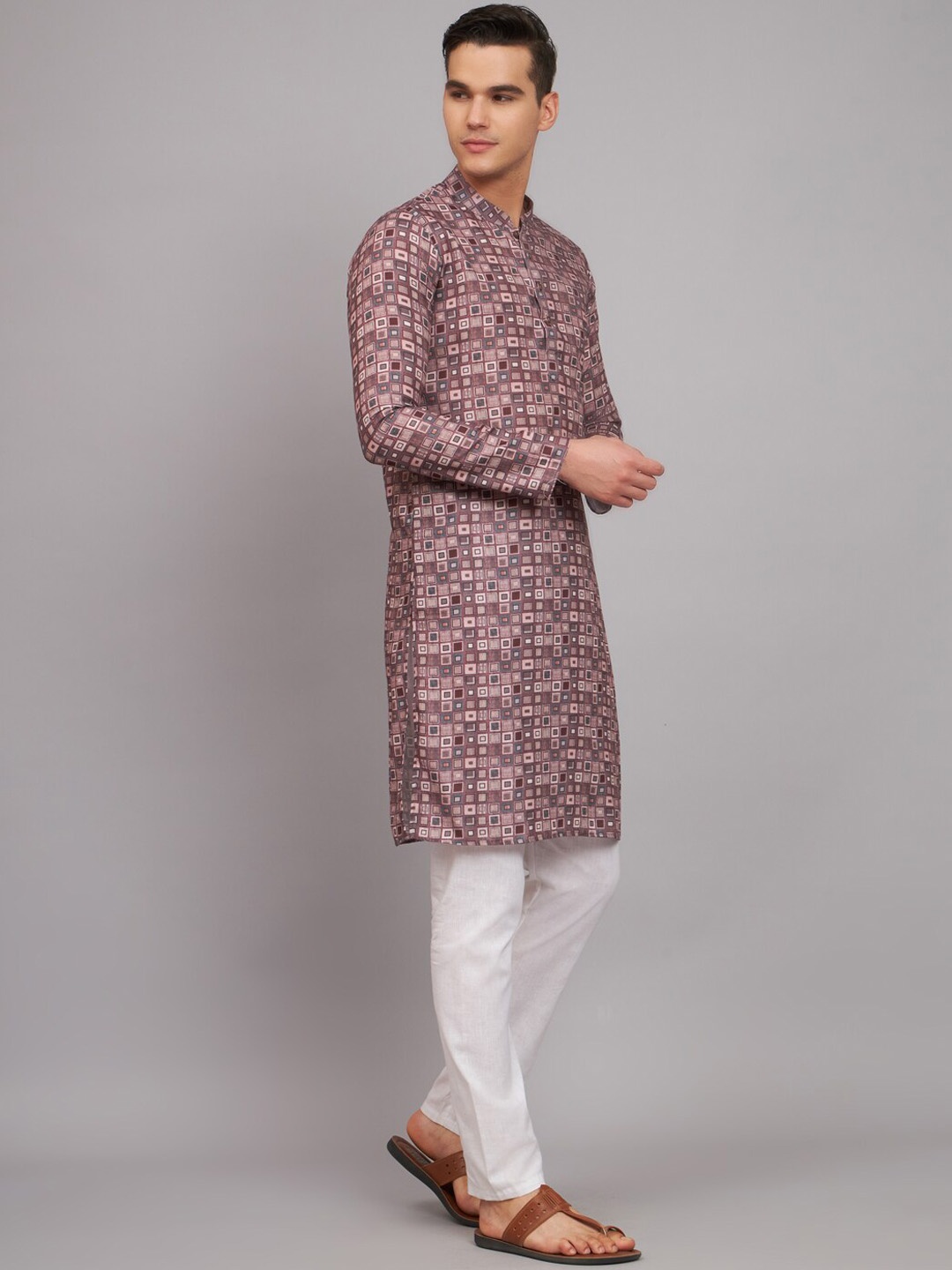 

FABDYOR Printed Mandarin Collar Linen Kurta, Brown