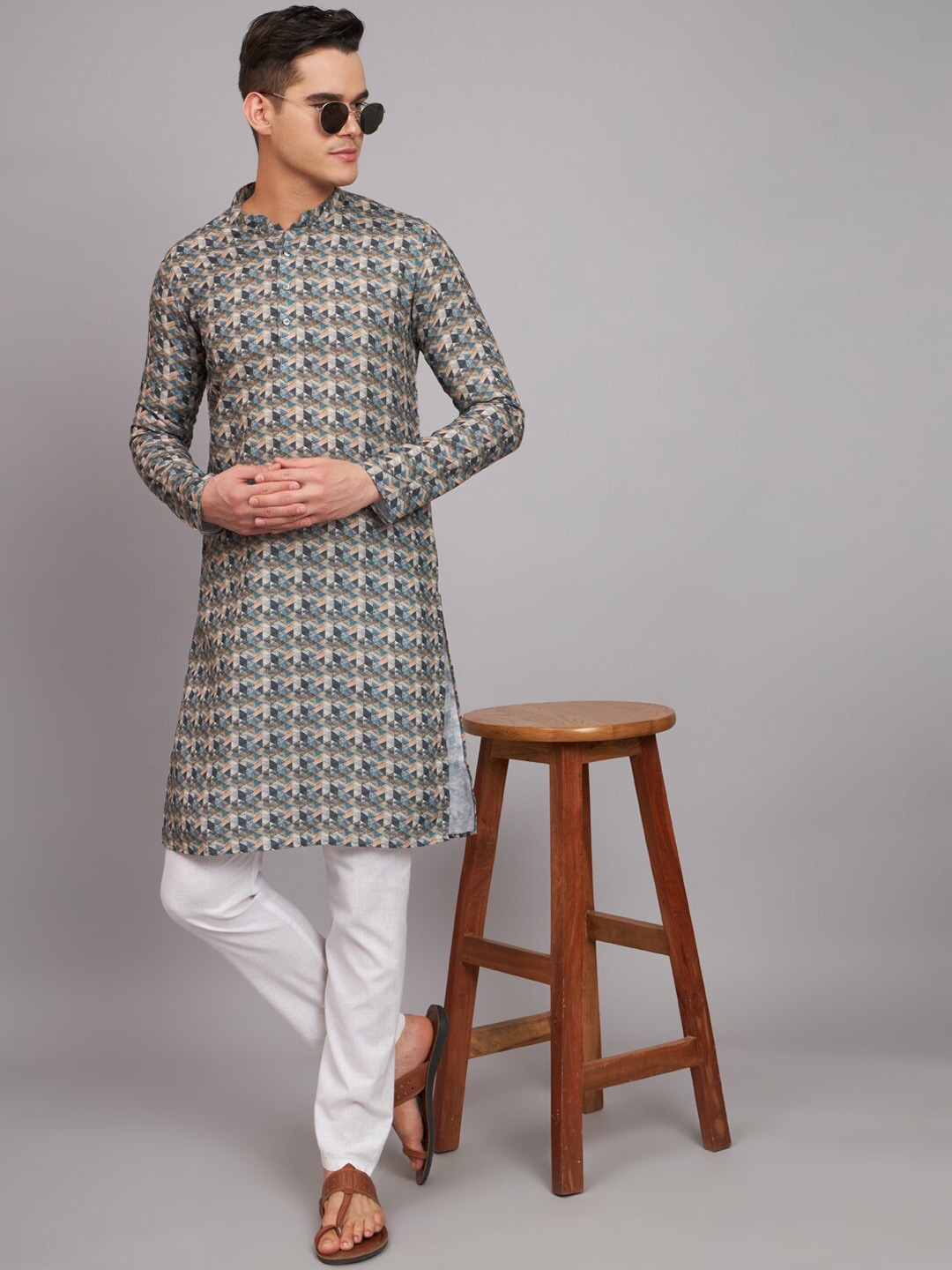 

FABDYOR Geometric Printed Linen Straight Kurta, Beige