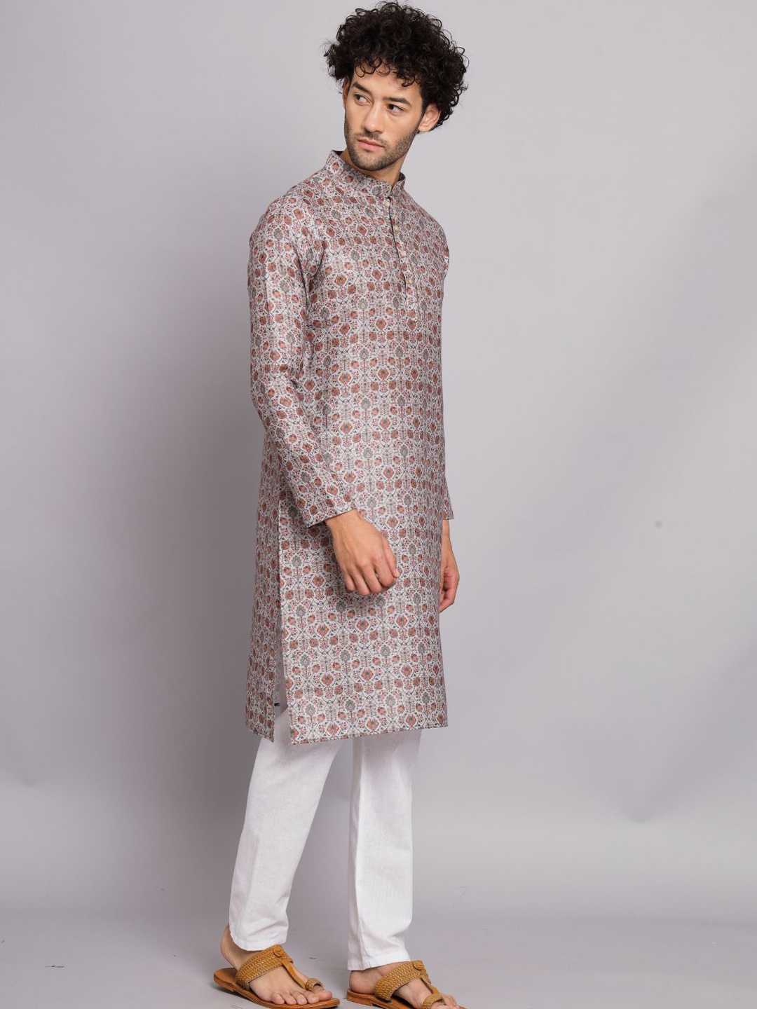 

FABDYOR Floral Printed Linen Kurta, Grey
