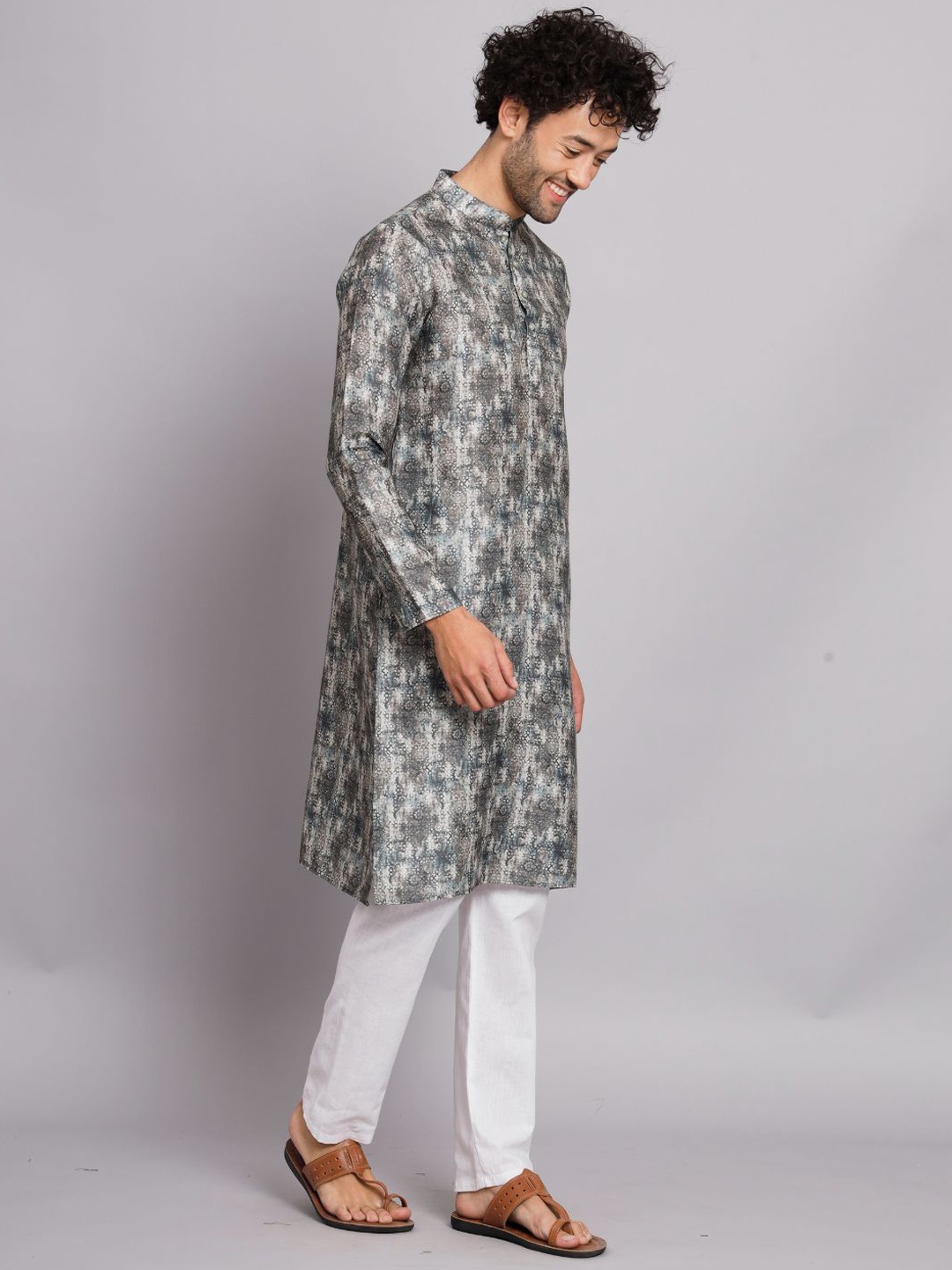 

FABDYOR Abstract Printed Mandarin Collar Straight Linen Kurta, Beige