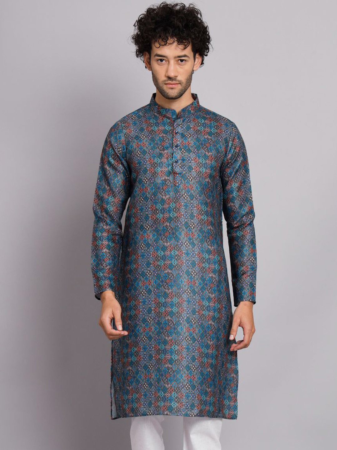 

FABDYOR Geometric Printed Mandarin Collar Linen Straight Kurta, Navy blue