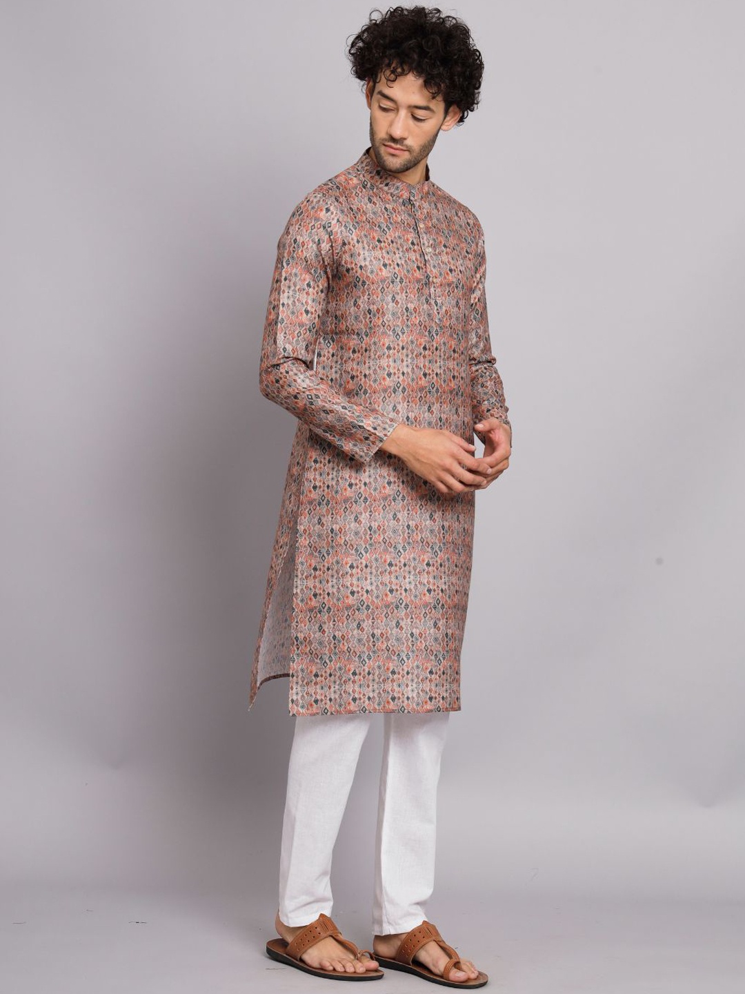 

FABDYOR Ethnic Motif Printed Linen Straight Kurta, Beige