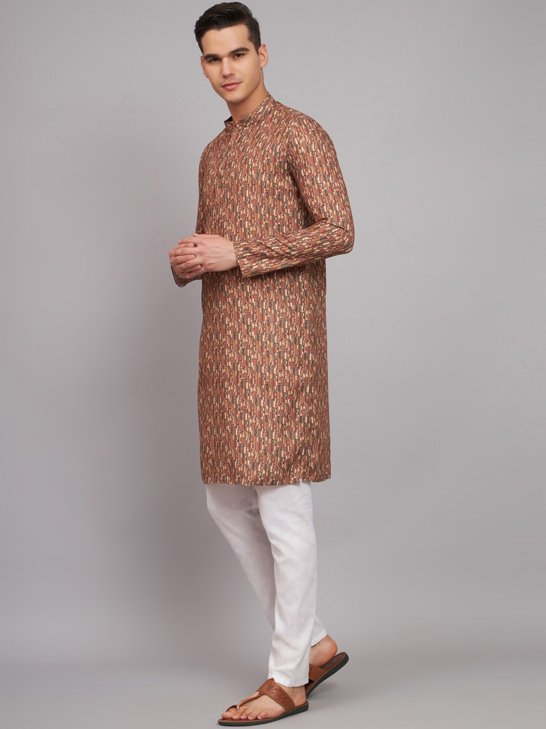 

FABDYOR Abstract Printed Mandarin Collar Linen Straight Kurta, Red