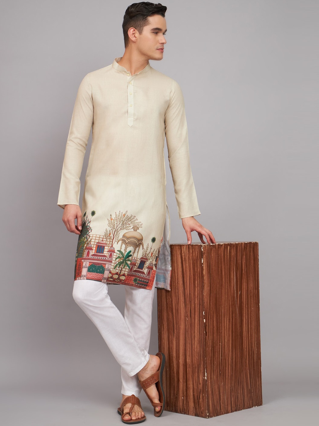 

FABDYOR Ethnic Motifs Printed Mandarin Collar Linen Straight Kurta, Beige