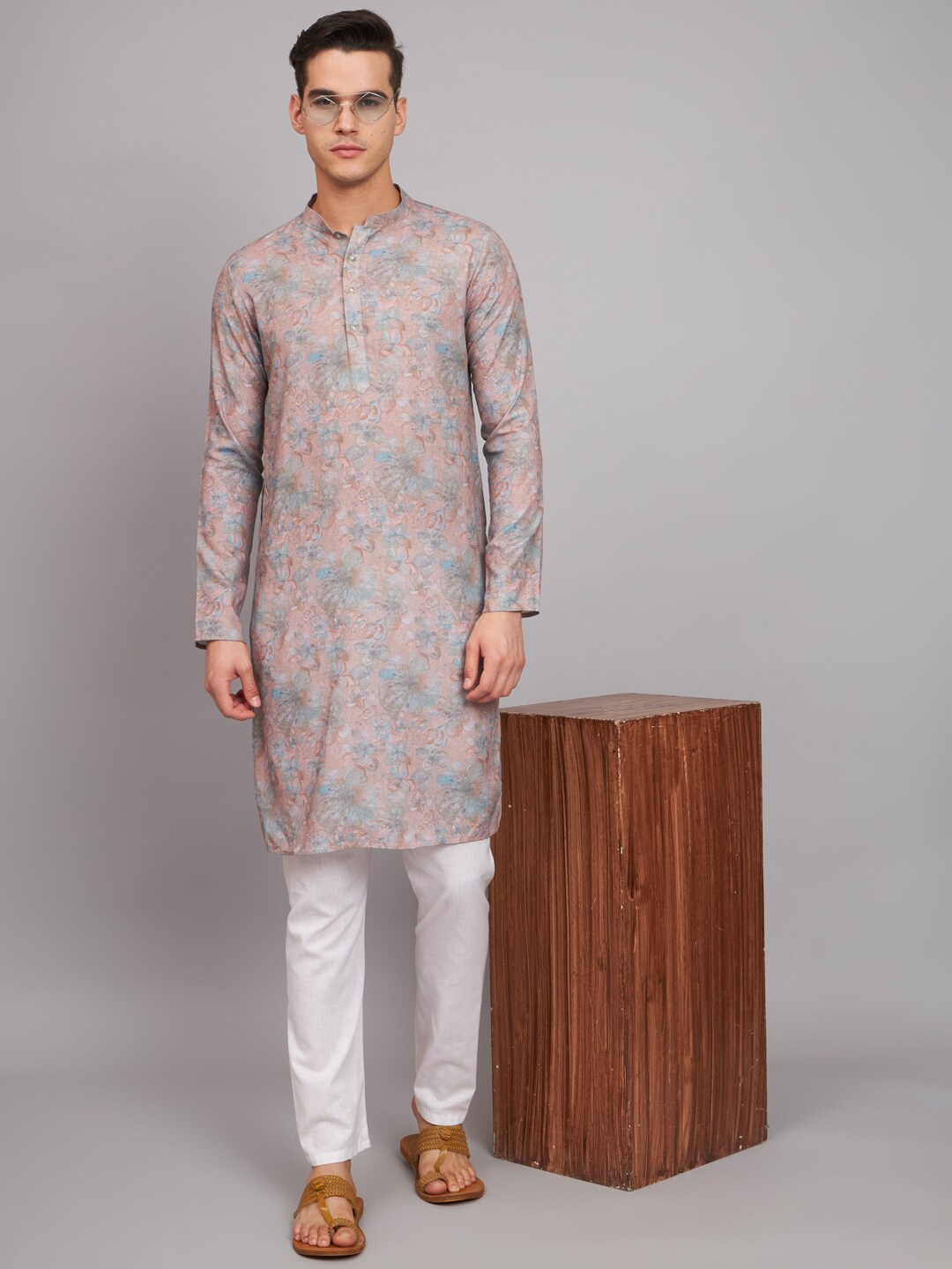 

FABDYOR Floral Printed Mandarin Collar Linen Straight Kurta, Lavender